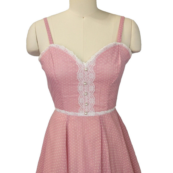 Gunne Sax Pink Swiss Dot Maxi Dress Size XS 5 Calico Vintage 70s Prairie - Picture 3 of 10